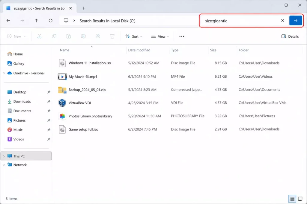 Search for Large Files Directly in File Explorer