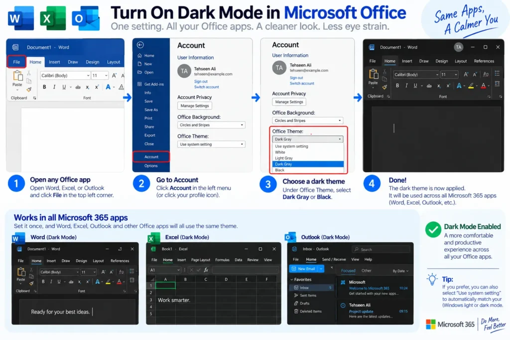 Turn On Dark Mode in Microsoft Word, Excel, and Outlook